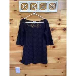 J Valdi Womens Black Crochet Lace Swim Cover Up Dress 3/4‎ Sleeve Small